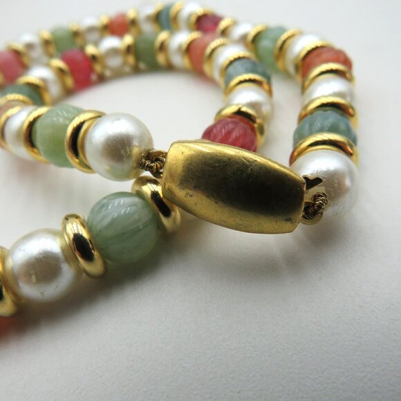 Beaded Necklace Faux Pearl Glass Carved Beads Multicolor Gold Tone Spacers Oval - Picture 12 of 13
